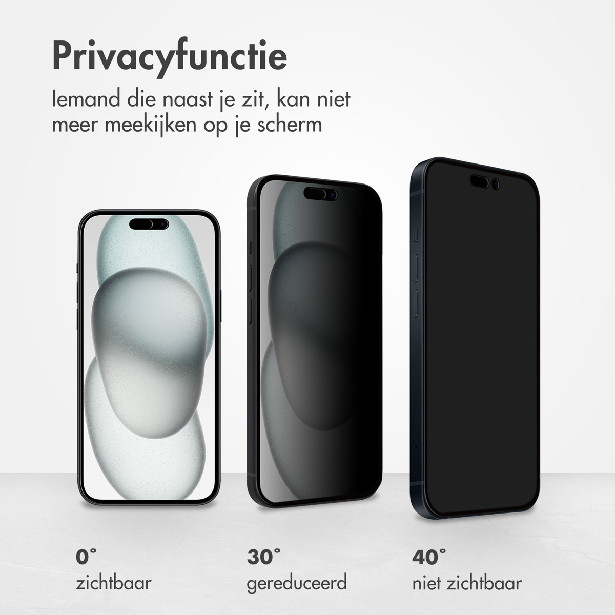 Trois téléphones avec des protecteurs d'écran de confidentialité, montrant la visibilité à 0, 30 et 40 degrés.