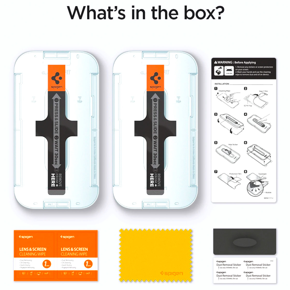 Kilka przedmiotów: ochraniacze ekranu, chusteczki czyszczące, ściereczka do czyszczenia i naklejki do usuwania kurzu. Białe.