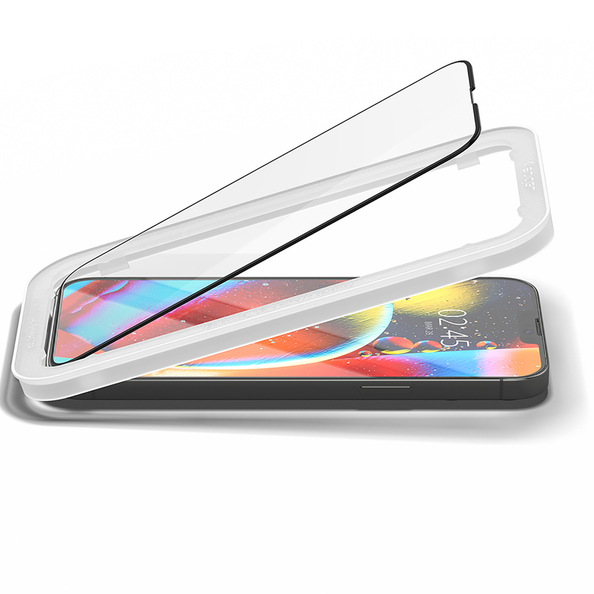 Telefon z ochraniaczem ekranu i białą ramką do wyrównywania. Telefon ma obraz na ekranie.