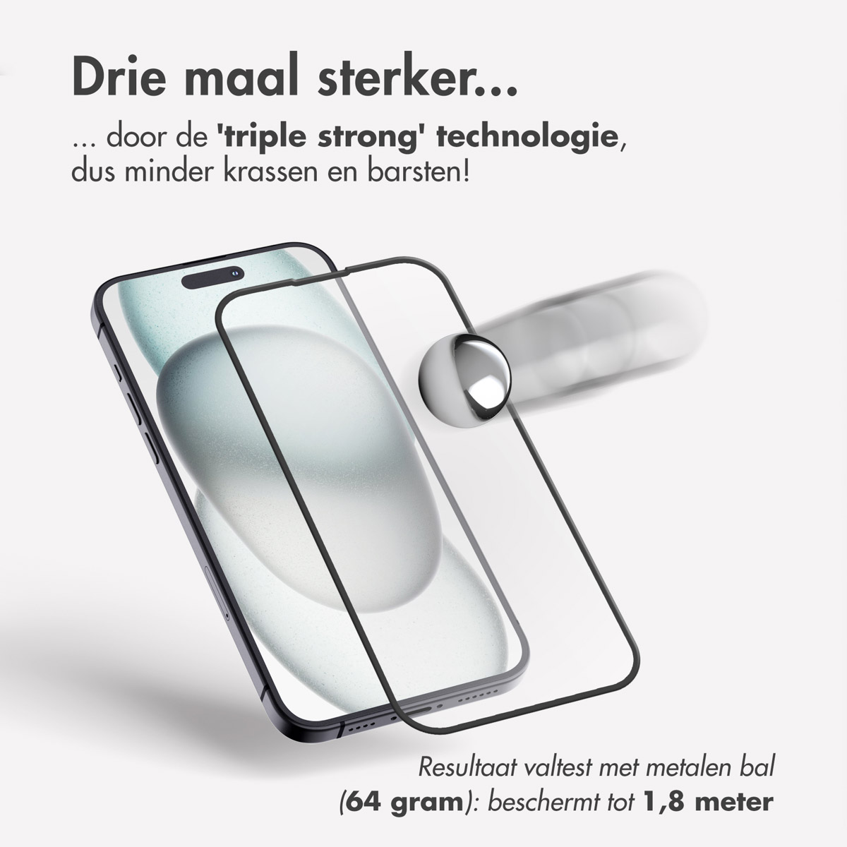 Telefoon met schermbeschermer. Een bal raakt de beschermer en beschadigt deze niet.
