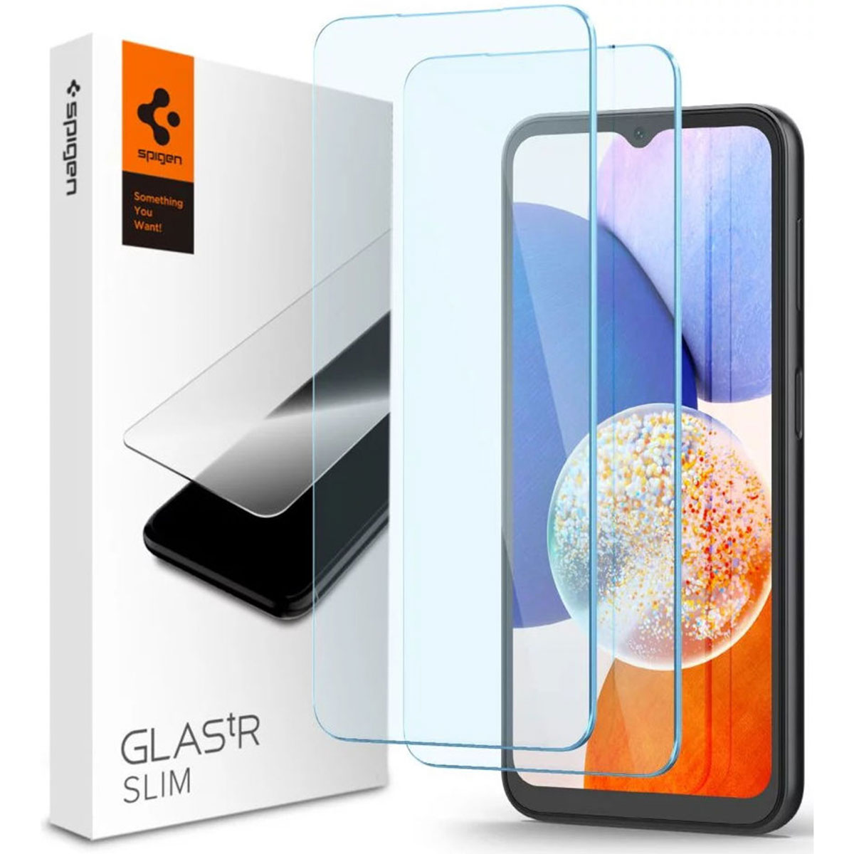 Un smartphone avec deux protecteurs d'écran et une boîte qui dit Spigen et Glas.tR Slim.