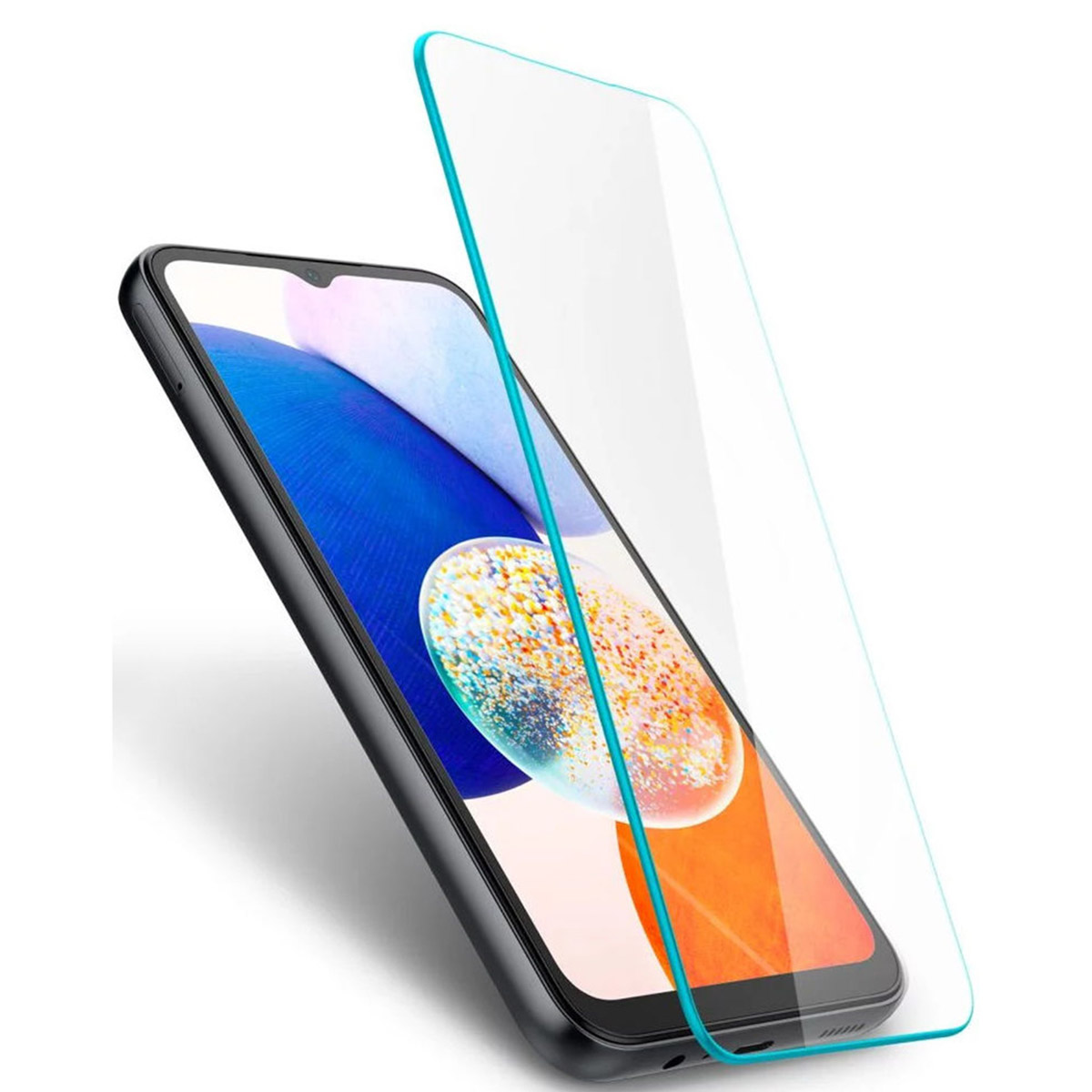 Téléphone et protecteur d'écran. Le protecteur est transparent, le téléphone est noir avec des détails orange.