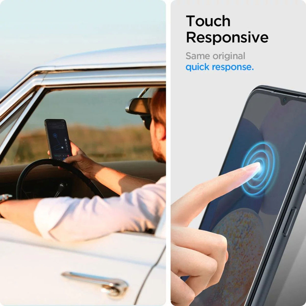 Téléphone dans la voiture, protecteur d'écran appliqué, et un doigt touchant l'écran.