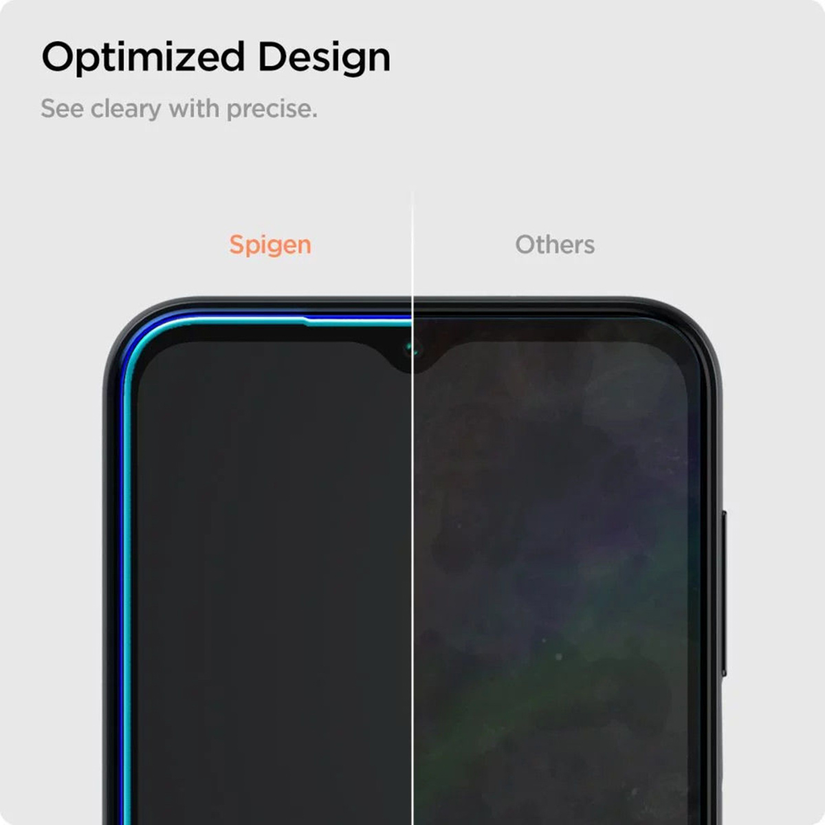 Gros plan d'un écran de téléphone avec comparaison Spigen et autres marques.