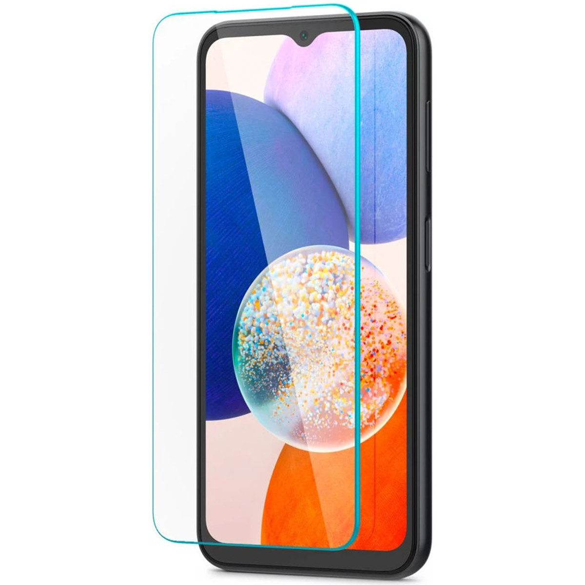Un smartphone avec un protecteur d'écran appliqué, sur un fond blanc.