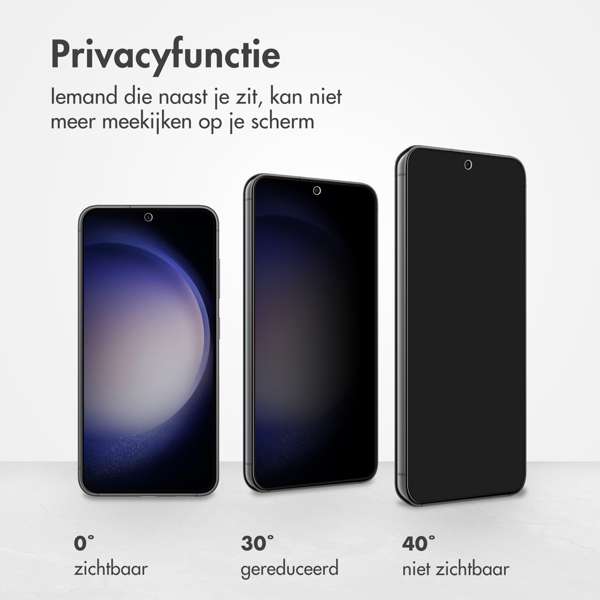 Three phones showing screen privacy levels: 0, 30, and 40 degrees of visibility.