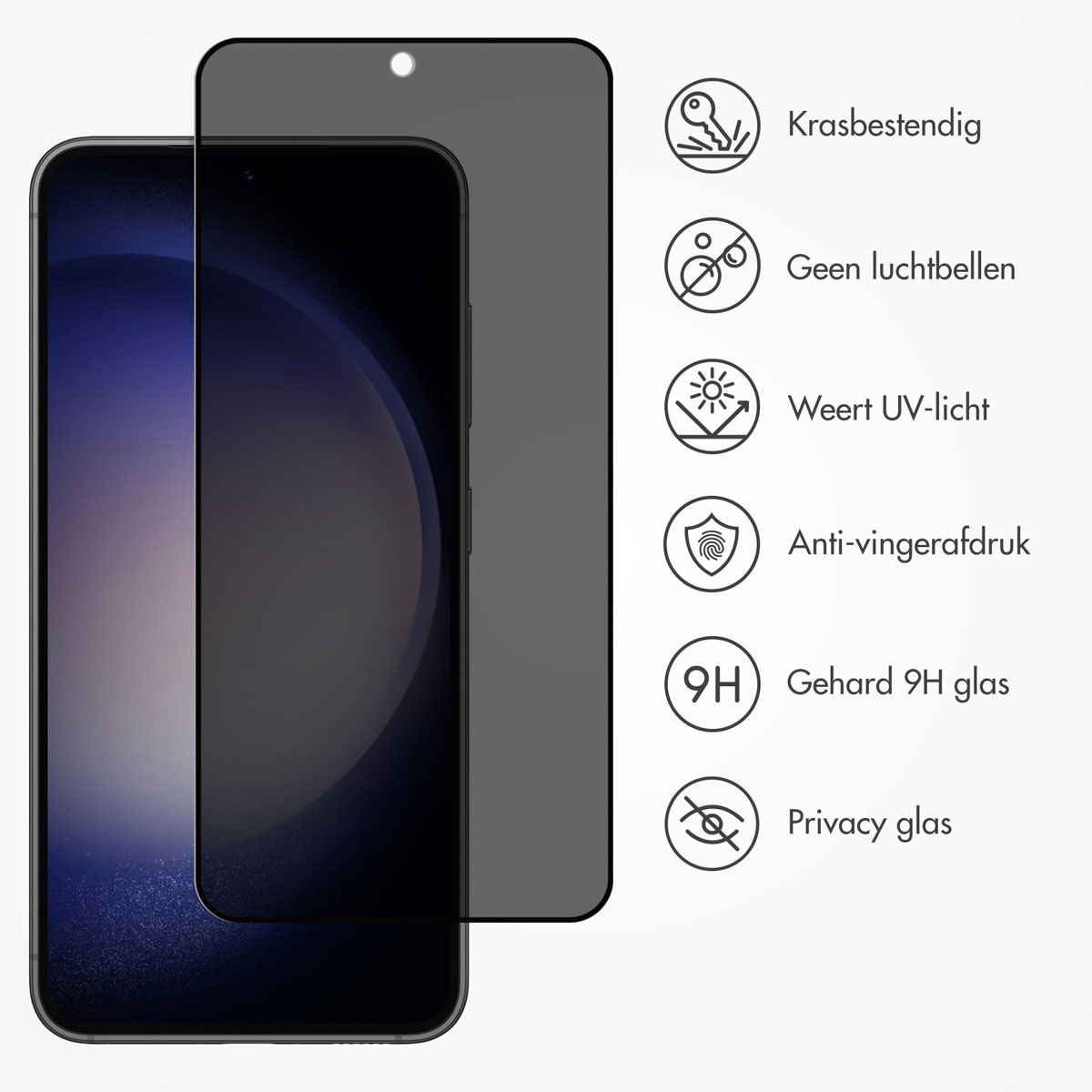 A phone with a screen protector. The phone has a dark screen, and is on a light surface.