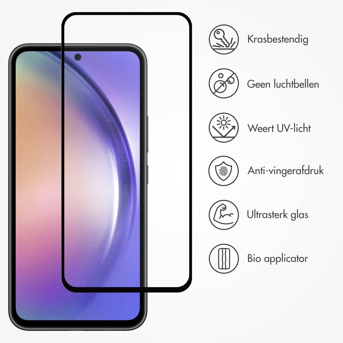 Telefoonschermbeschermer met functiepictogrammen. De beschermer zit op de telefoon.