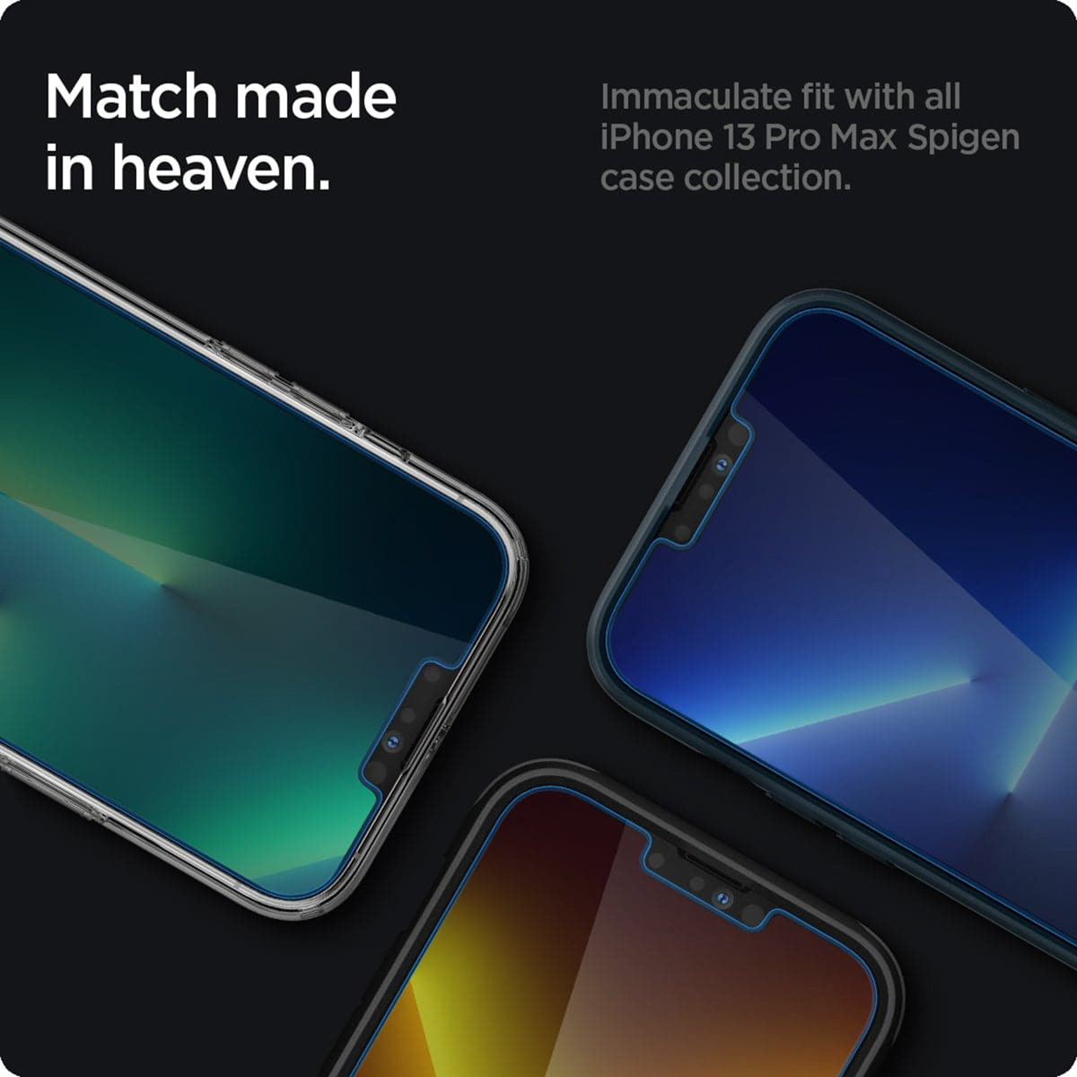 Trzy ekrany telefonów z ochraniaczami, pod różnymi kątami, czarne tło.