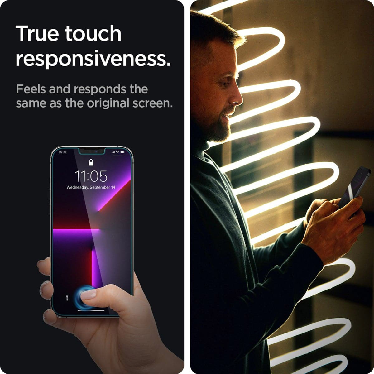 Osoba trzymająca telefon z nałożonym ochraniaczem ekranu. Ekran telefonu jest włączony.