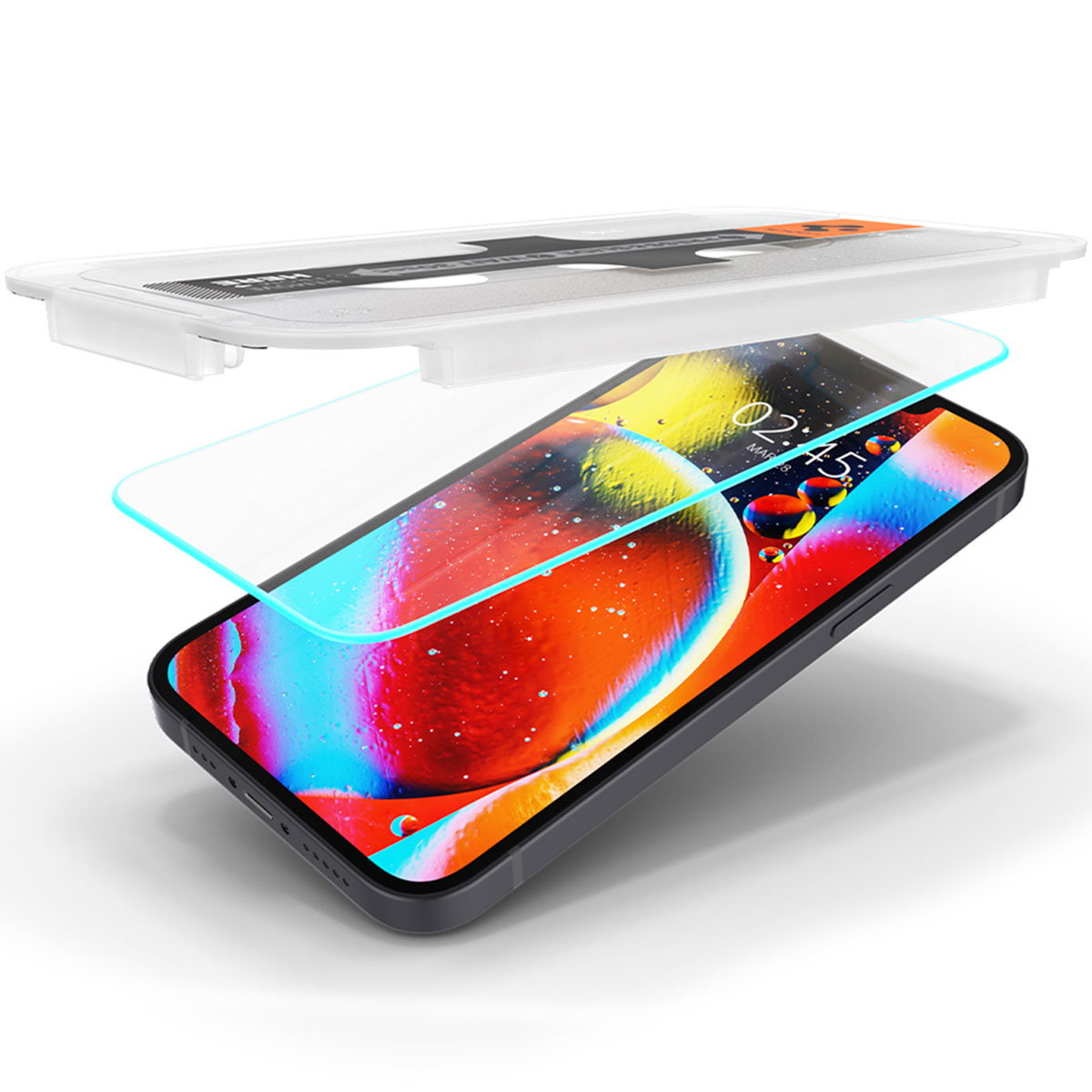 Telefon z nakładanym ochraniaczem ekranu. Telefon i ochraniacz ekranu z kolorowym tłem.