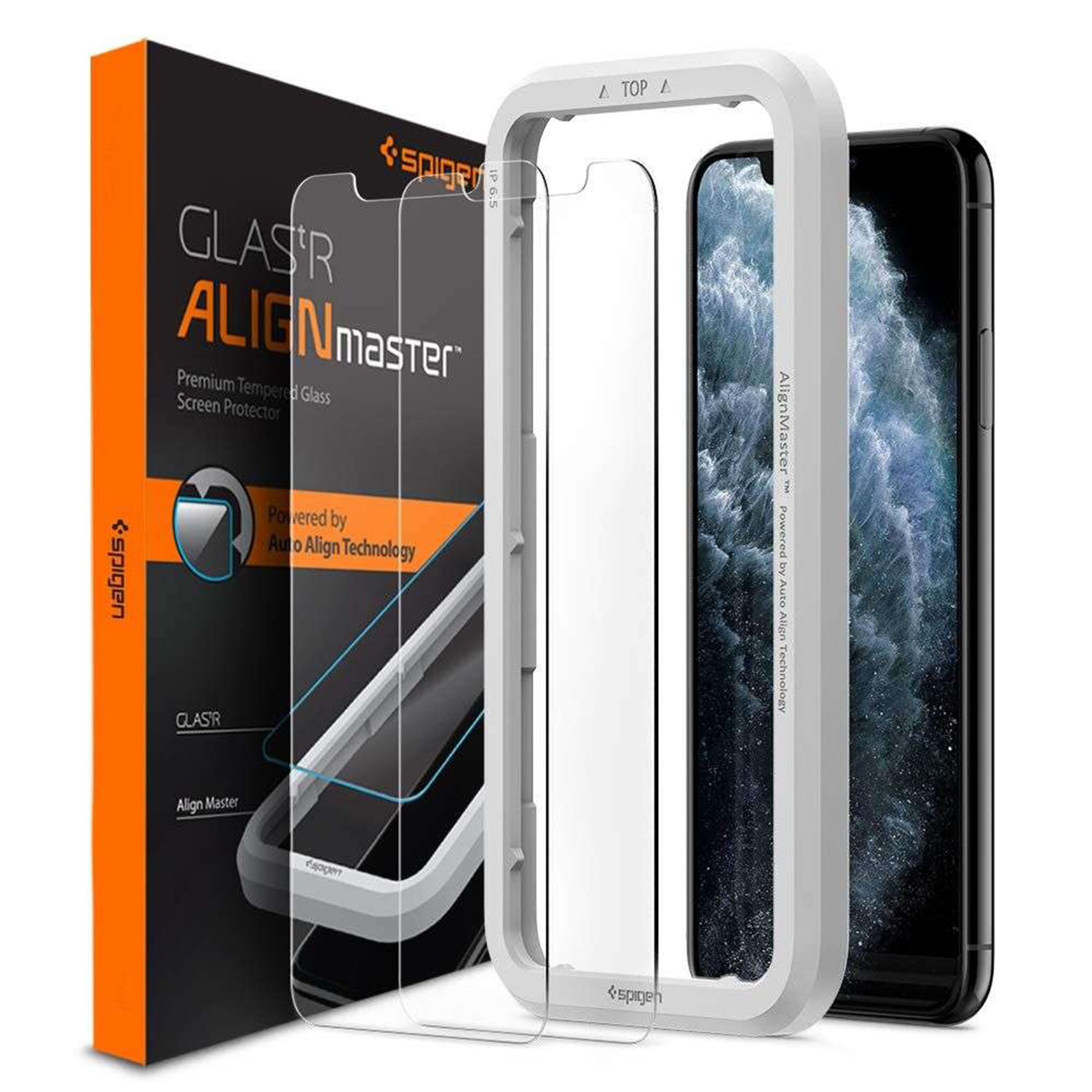 Een schermbeschermer met een telefoon en de verpakking, met de product- en merkpresentatie.