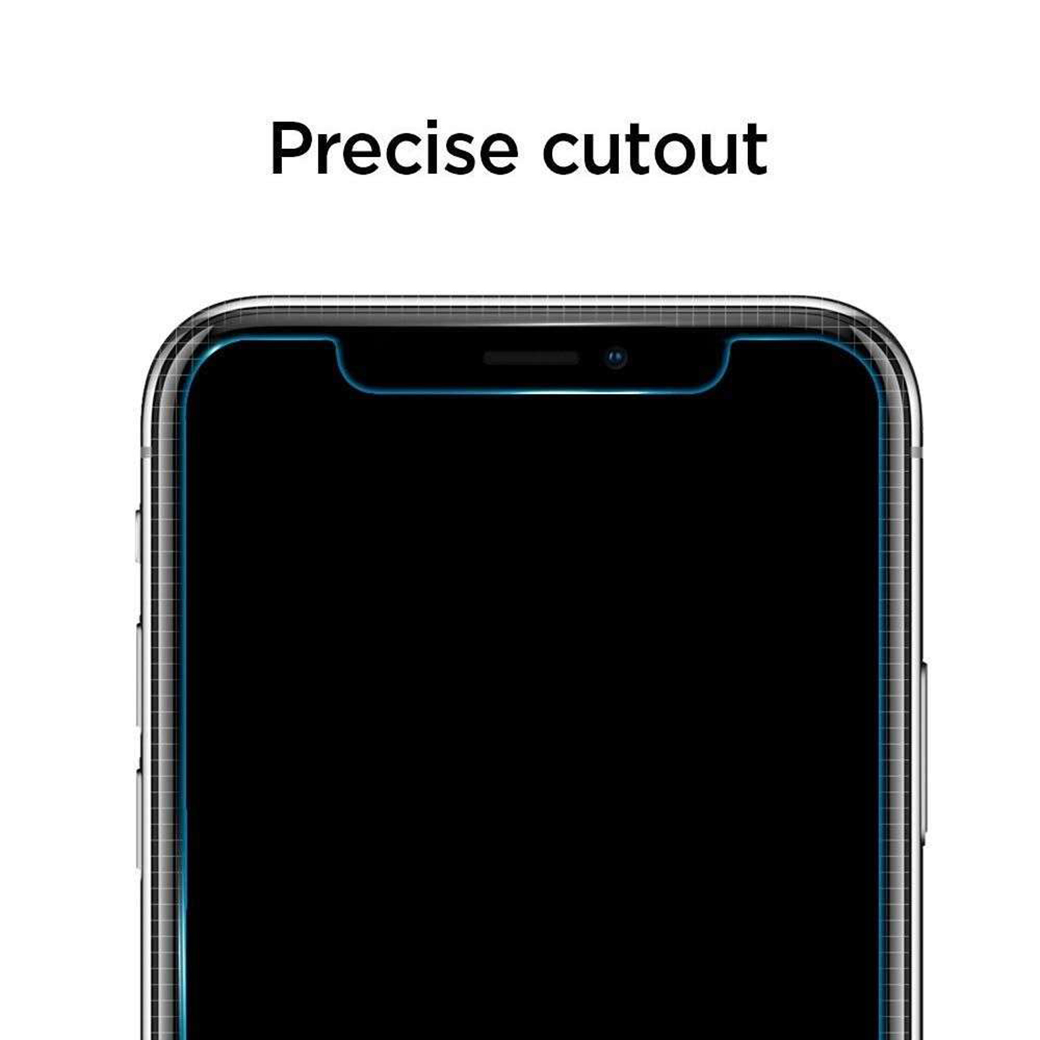 Close-up van een telefoonscherm met een schermbeschermer, waarbij de uitsparing wordt benadrukt.