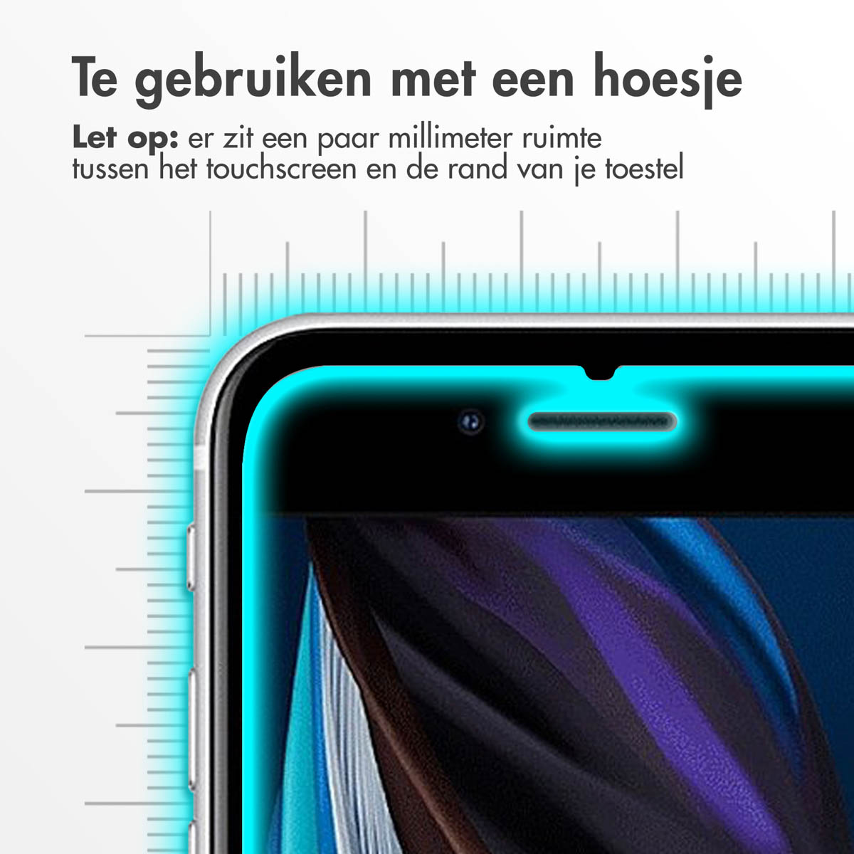 Close-up van een telefoonscherm met blauwe rand, tekst en liniaal, die het gebruik aangeeft.
