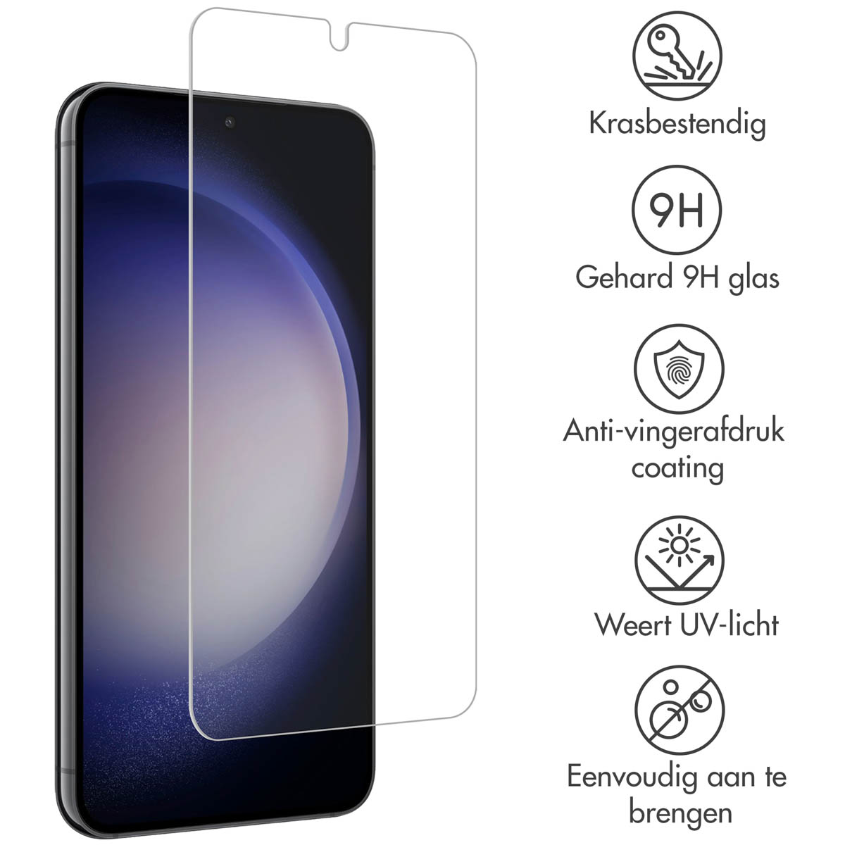Telefoon en screenprotector met iconen voor krasbestendigheid en anti-vingerafdruk coating.