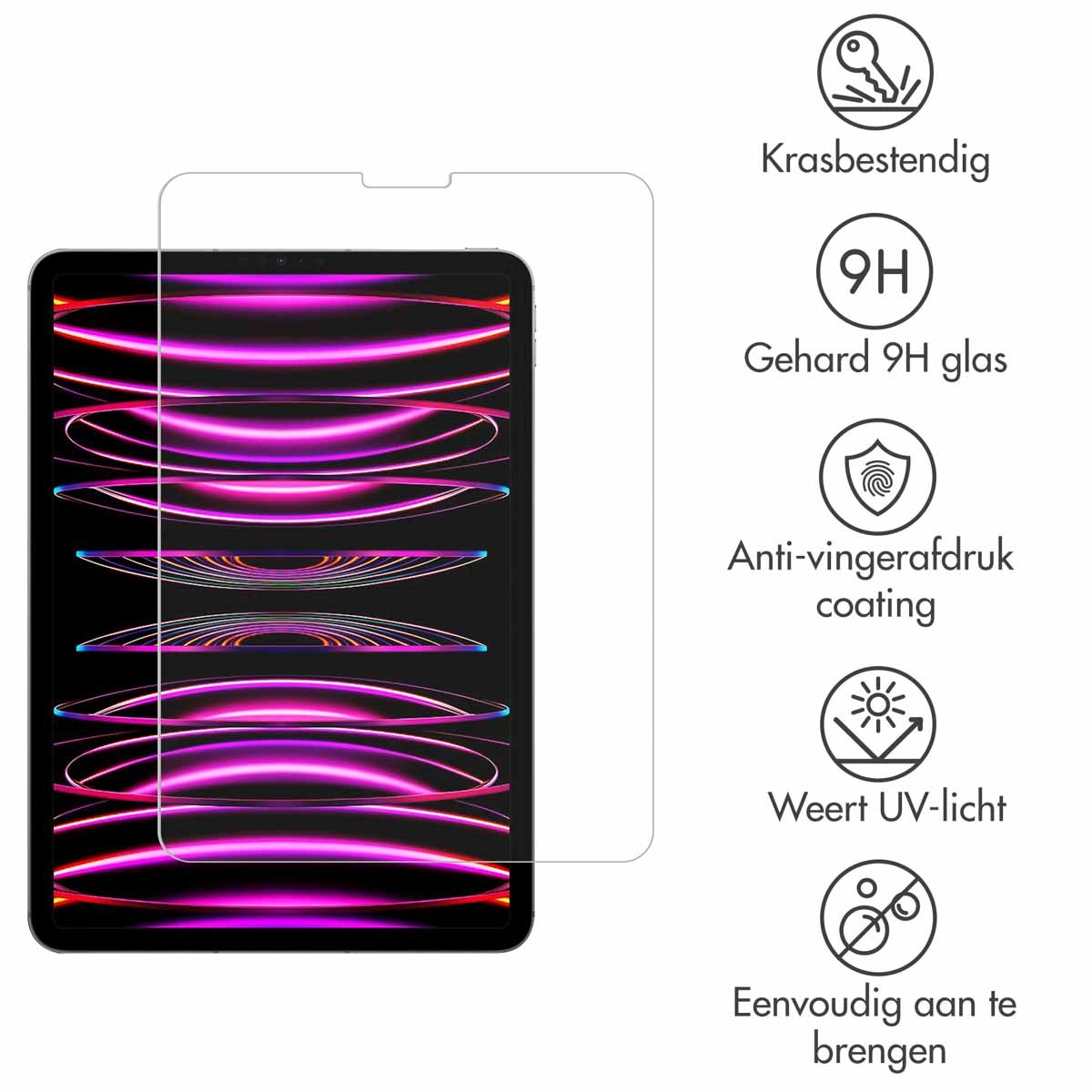Tablet with screen protector and features icons. Protector on the tablet and icons next to it.