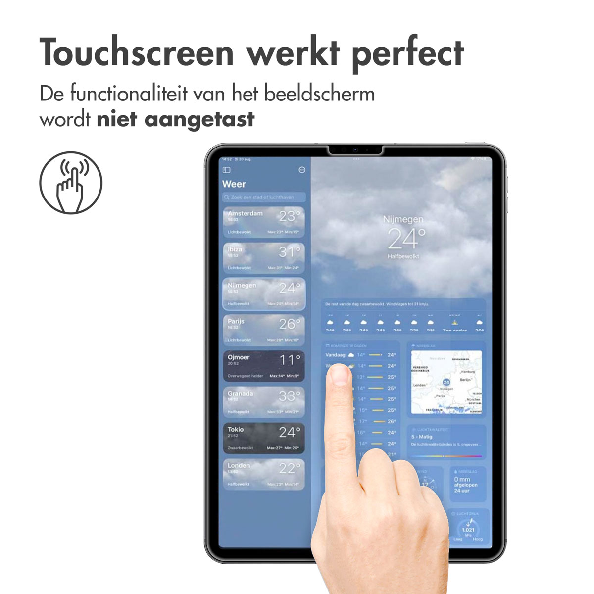 Hand touching a tablet screen showing weather info. The tablet is black, the hand is in the foreground.