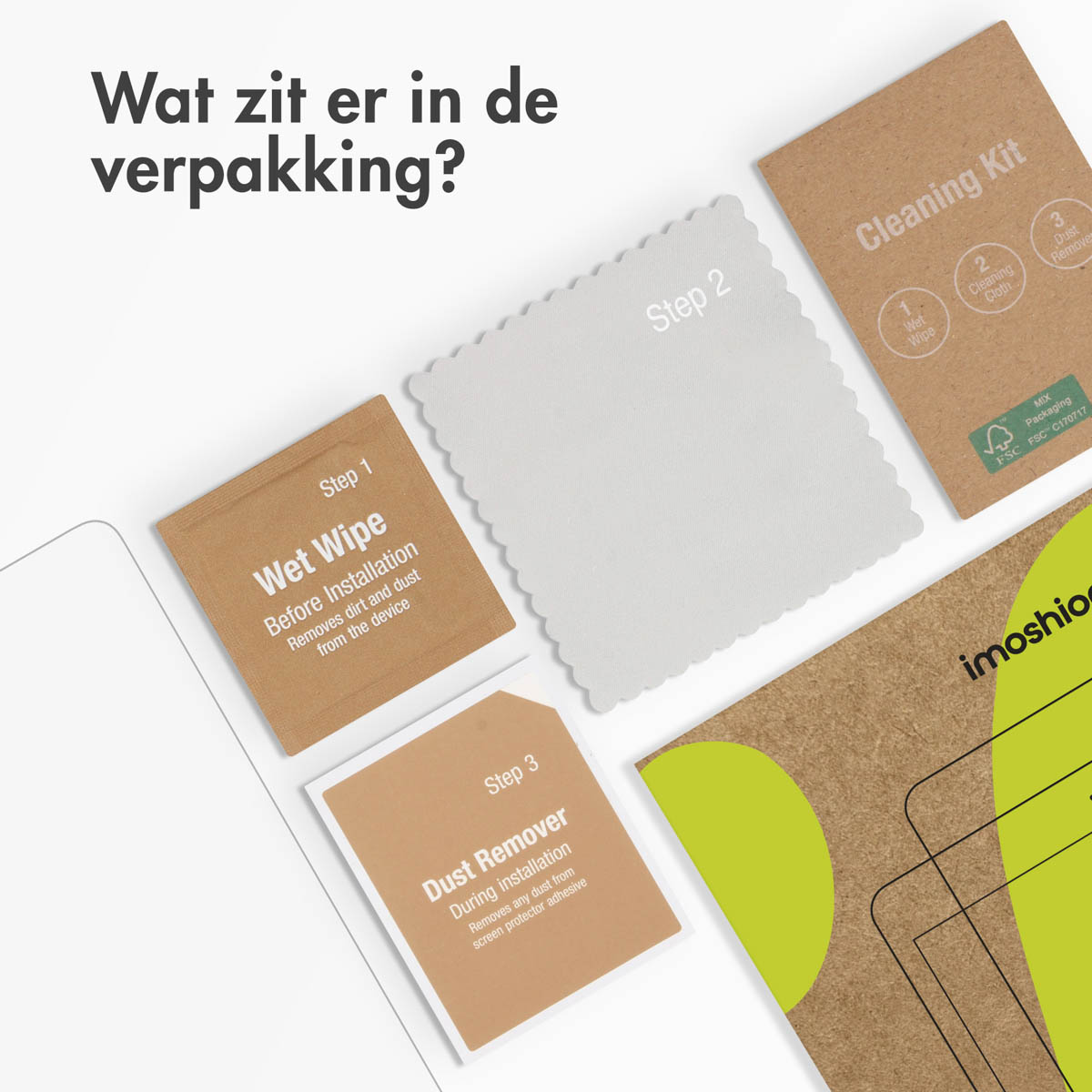Screenprotector installatiekit met een nat doekje, schoonmaakdoekje en stofverwijderaar op een witte achtergrond.