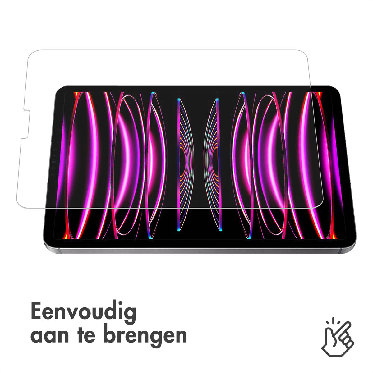 An iPad with a screen protector, with text in Dutch.