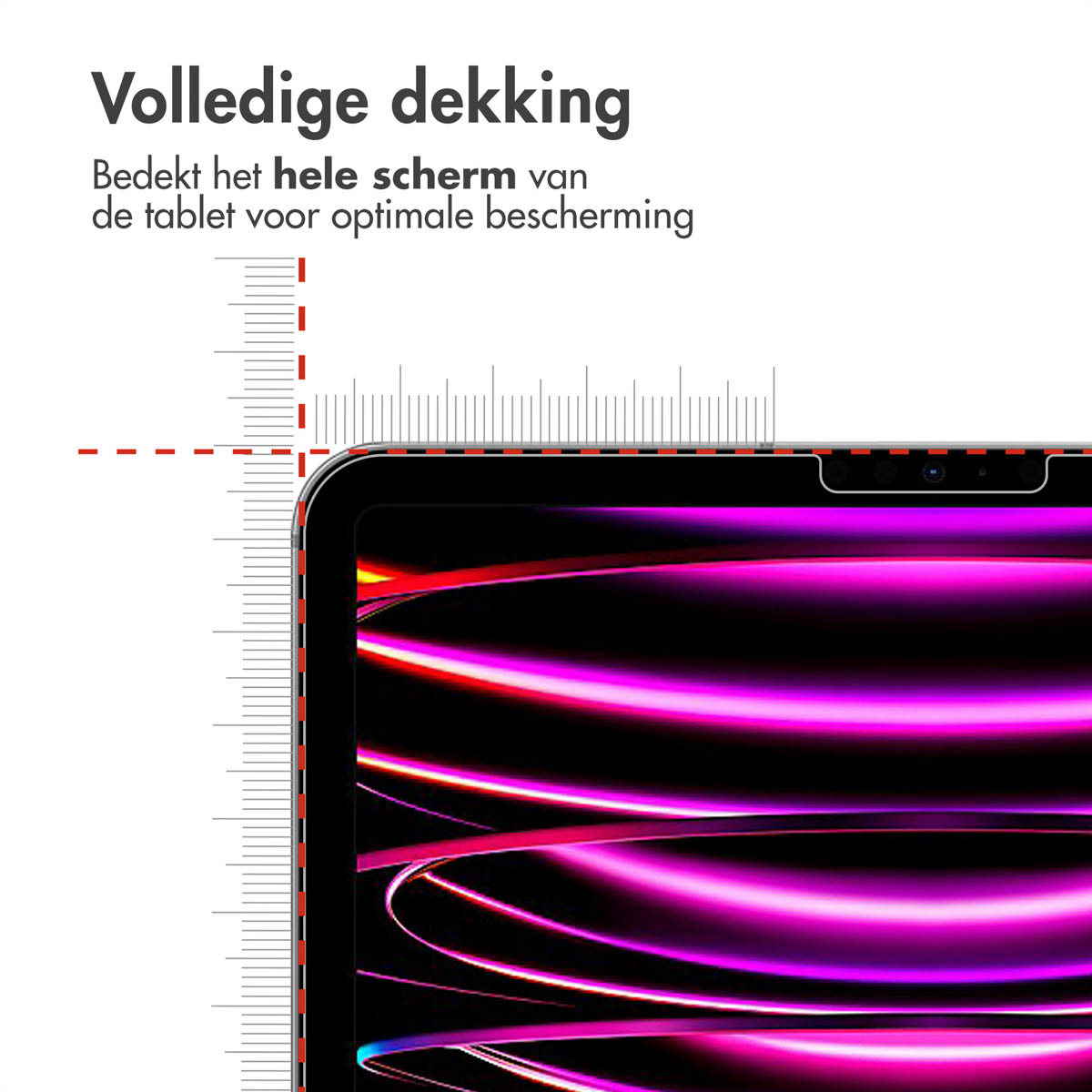 Tablet screen with a screen protector applied. Text is in Dutch.
