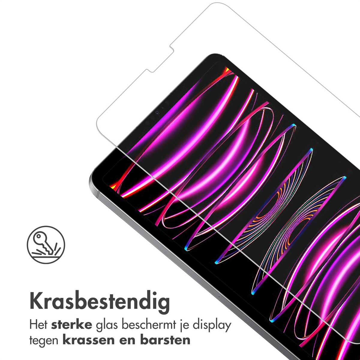 Tablet with screen protector. Protector is on screen. Text says 'Scratch resistant'.