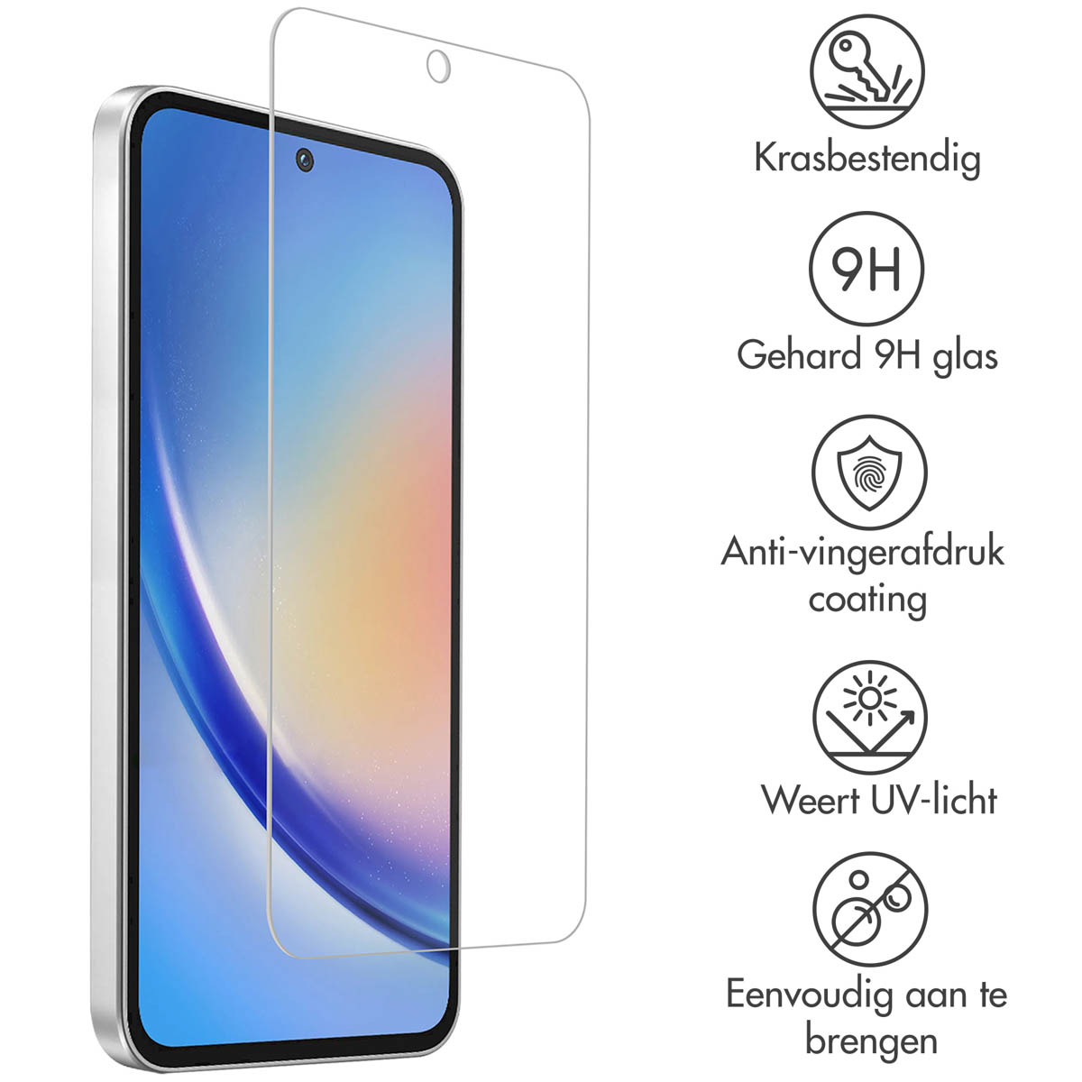 A phone with a screen protector overlay and icons with descriptions. Icons are scratch resistant.