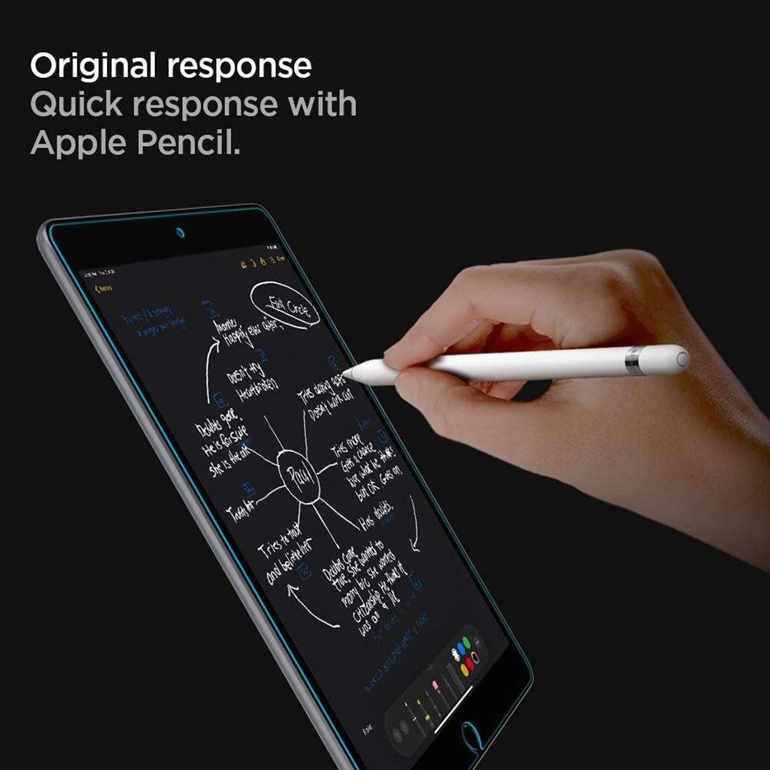 Tablet z rysikiem. Ręka używa rysika na ekranie. Ekran pokazuje notatki.