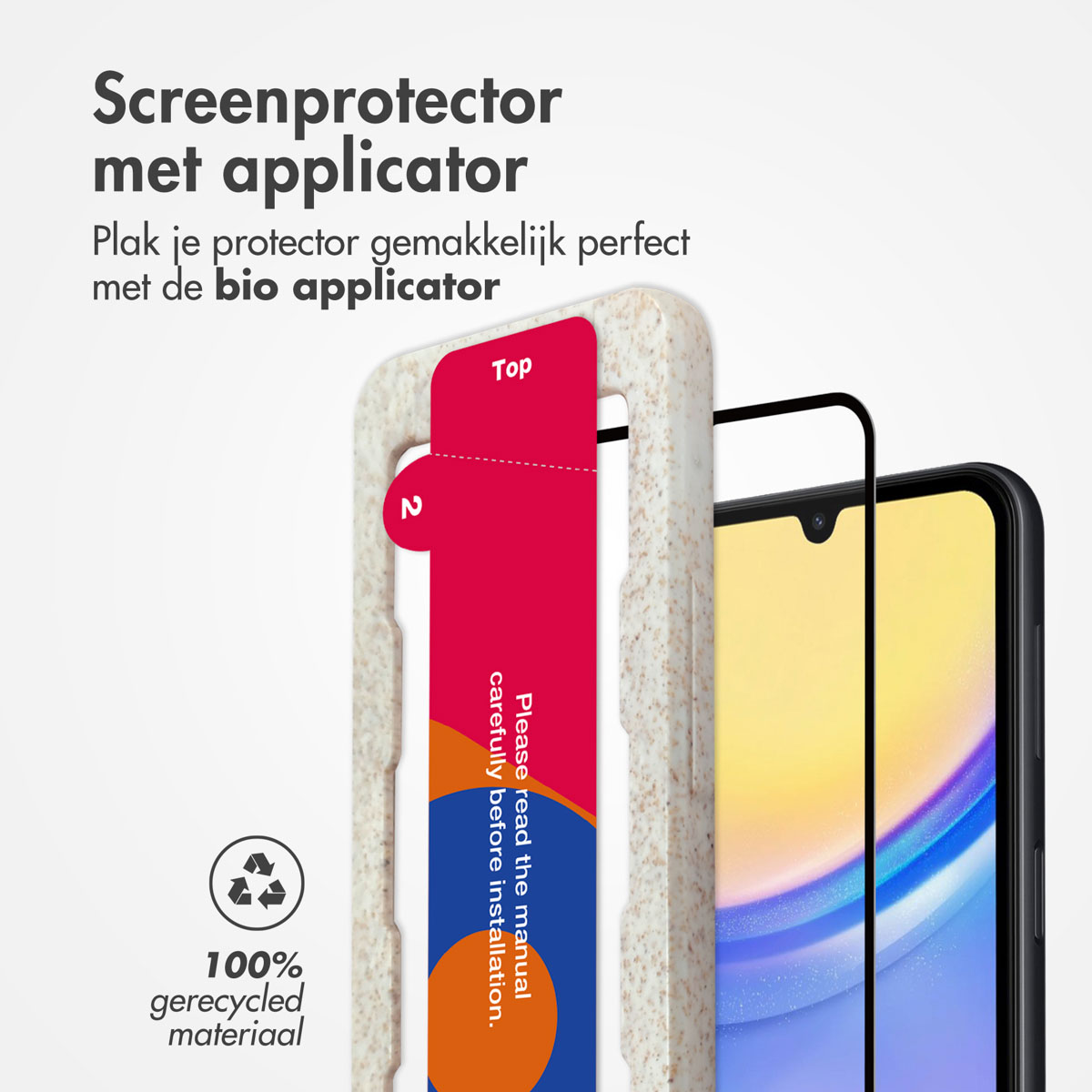 Schermbeschermer met applicator. Een telefoon wordt getoond met een rode en witte applicator. 100% gerecycled materiaal.