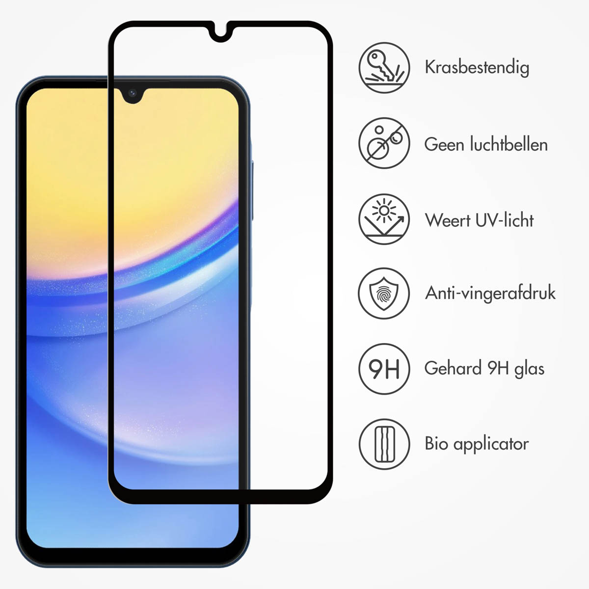 Telefoon met een screenprotector, met functies zoals krasbestendigheid, UV-bescherming en anti-vingerafdruk.