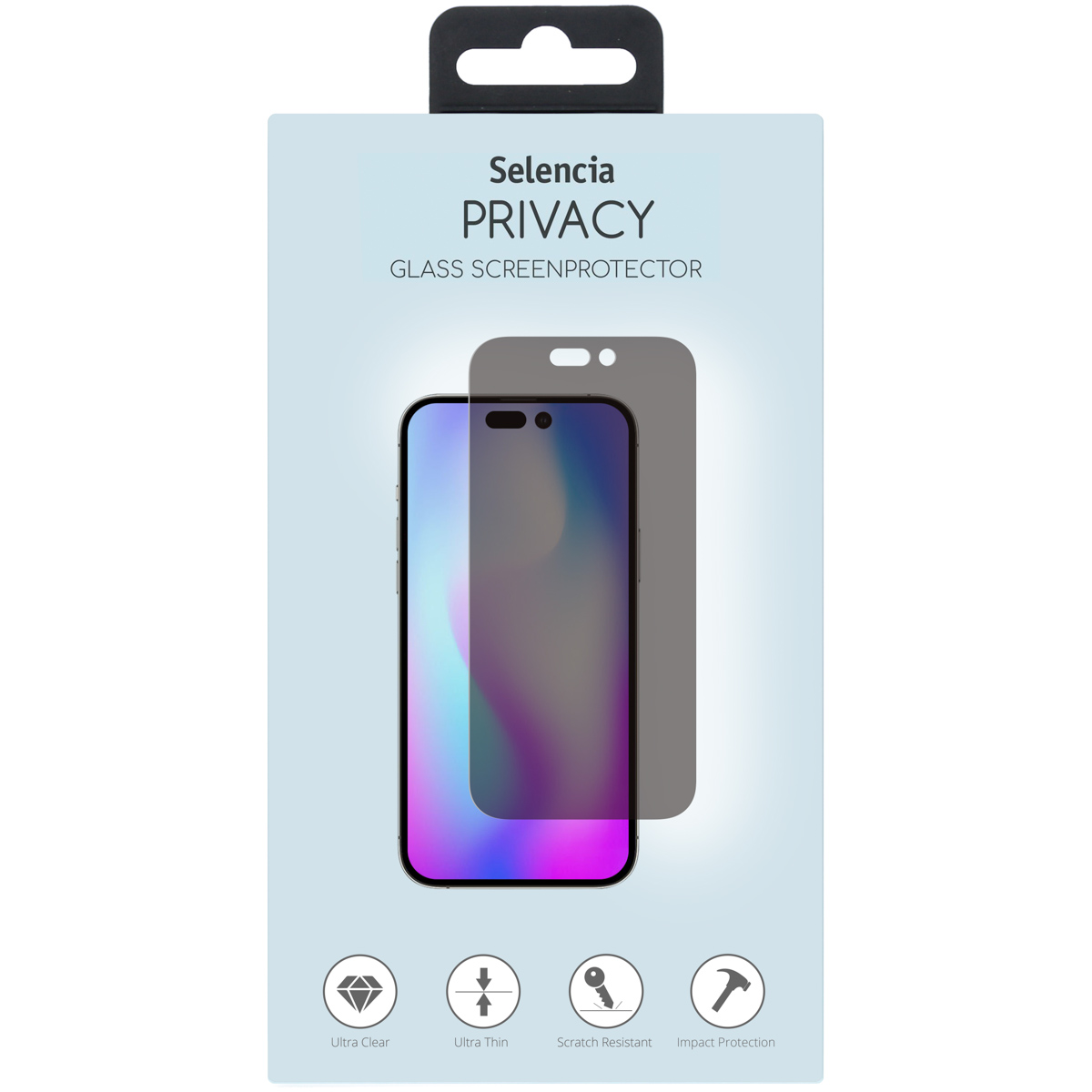 Een telefoon in een privacy-schermbeschermer, in de verpakking.
