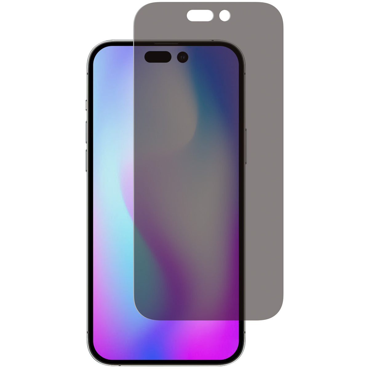 Een telefoon met een screenprotector, met een grijs privacy scherm.