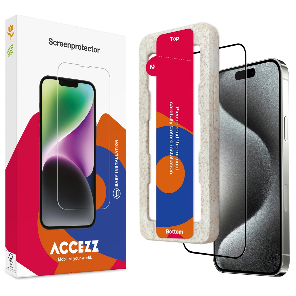 Een telefoon met een schermbeschermer en de verpakking, die het product en de functies illustreert.