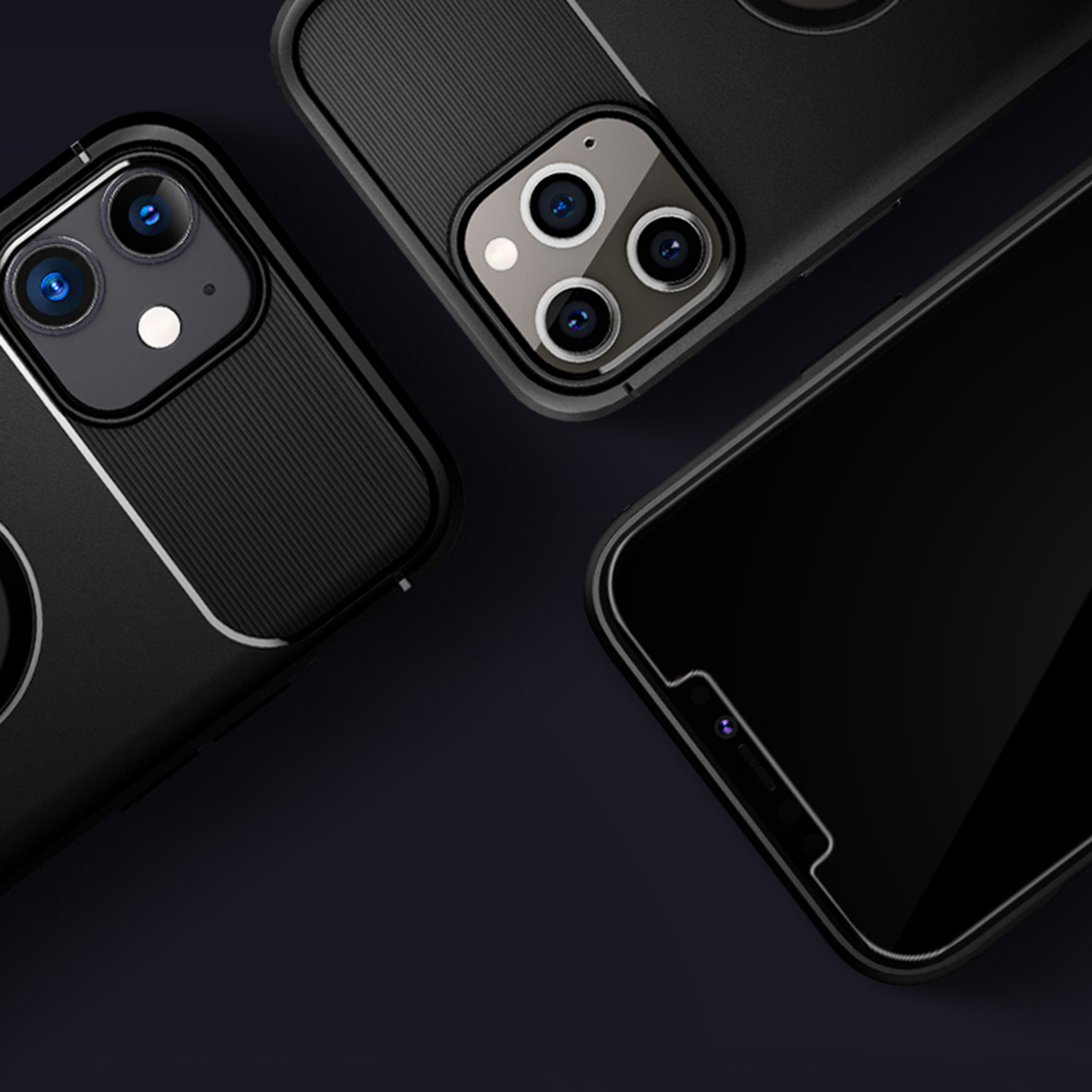 Trzy telefony z ochraniaczami ekranu, dwa czarne, jeden z pierścieniem na aparat.