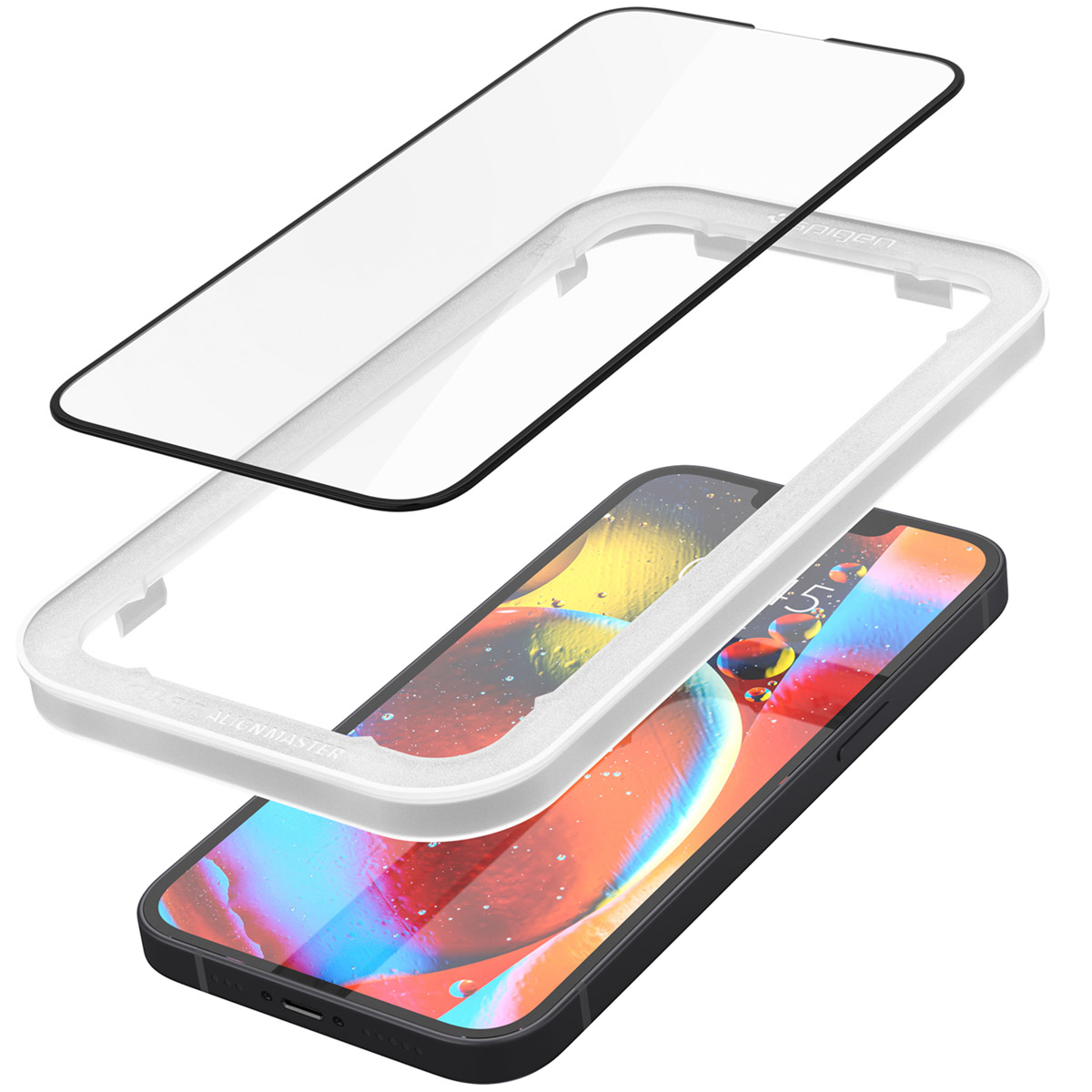 Un smartphone avec un cadre d'installation blanc et un protecteur d'écran.