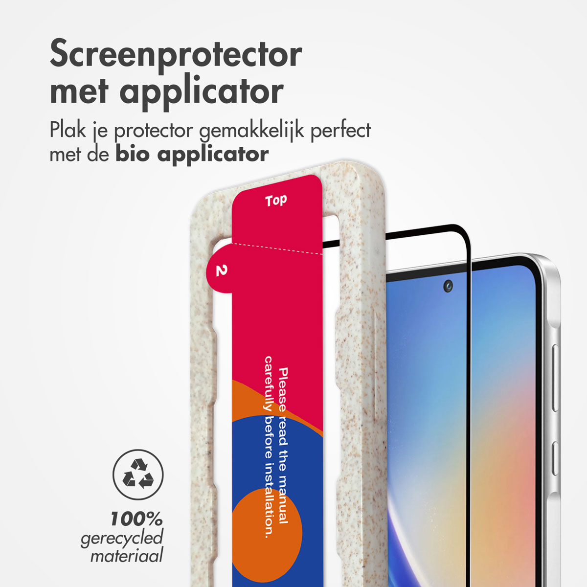 Telefoon met schermbeschermer en applicator. De applicator is gemaakt van gerecycled materiaal.