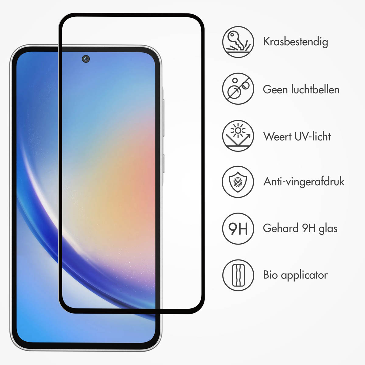 Een telefoon met schermbeschermer en pictogrammen met beschrijvingen: krasbestendig, geen bellen.
