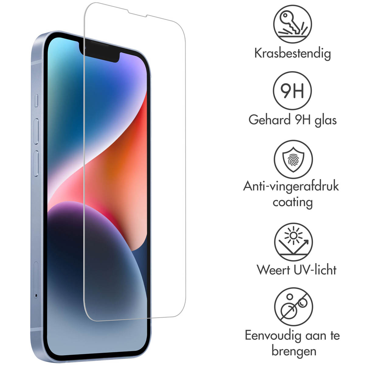 Un téléphone avec un protecteur d'écran et des icônes décrivant les fonctionnalités. Fond blanc.