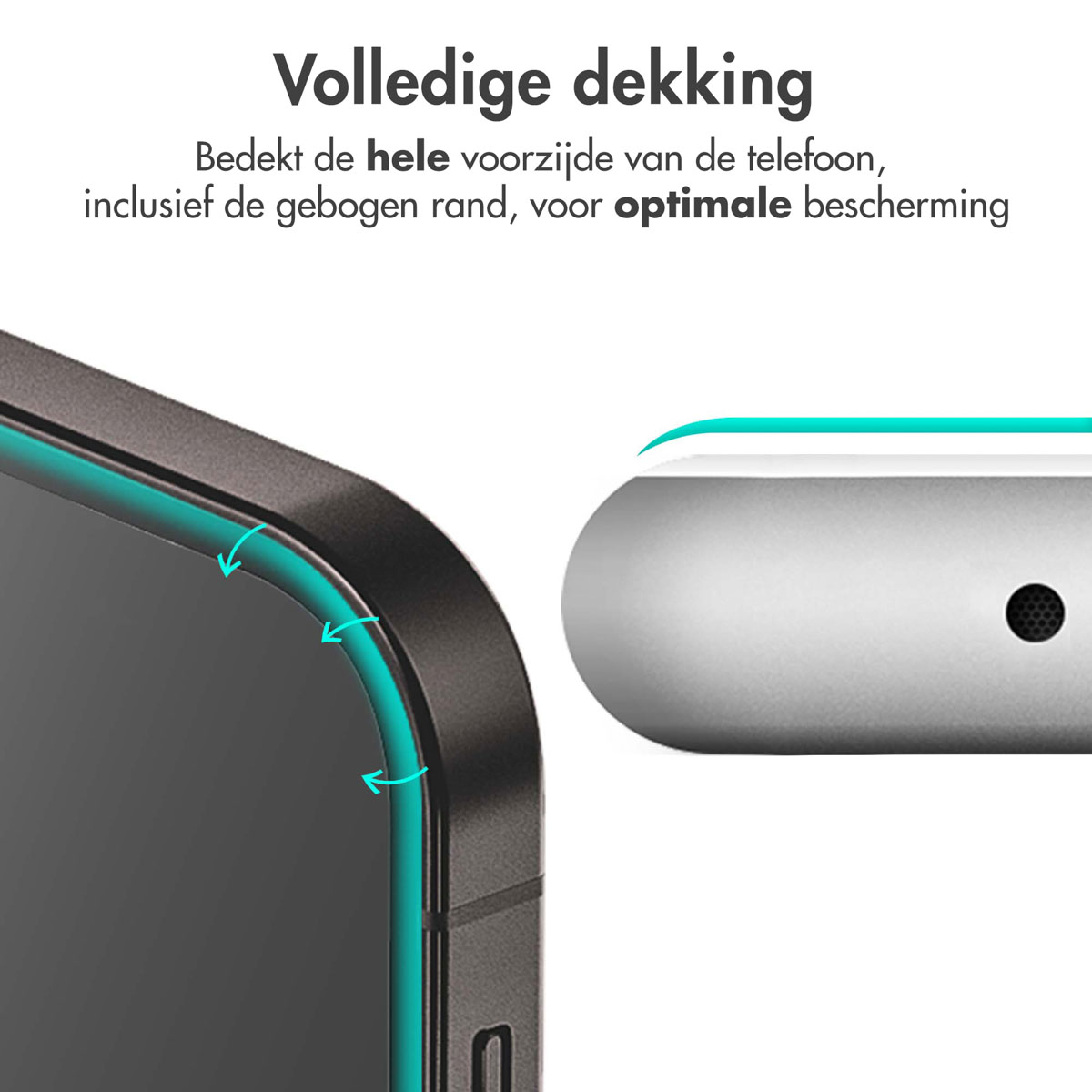 Telefoonhoek met schermbeschermer. Pijlen geven de beschermende dekking op de telefoon aan.