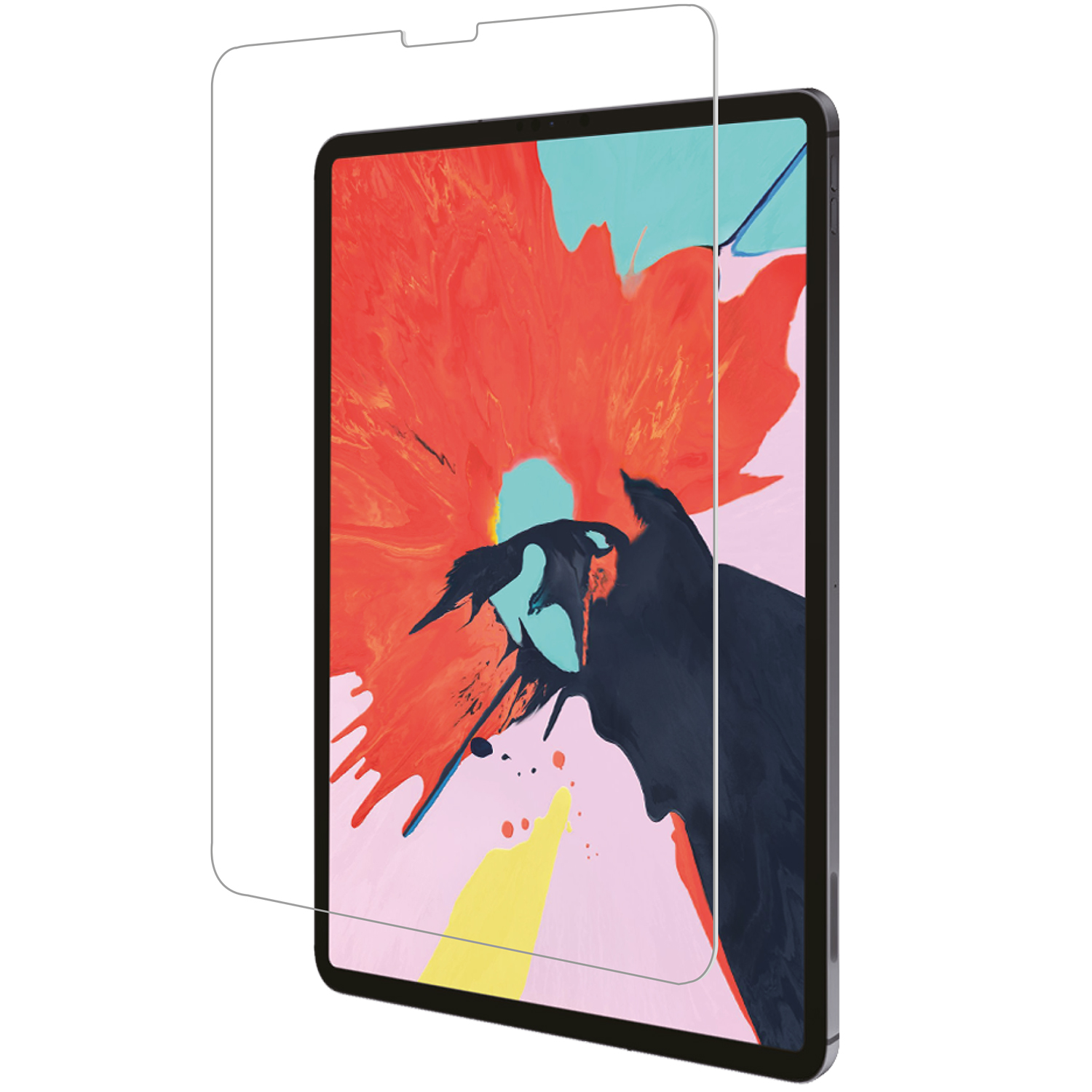 Un iPad con protezione schermo. È su una superficie con un dipinto sullo schermo.