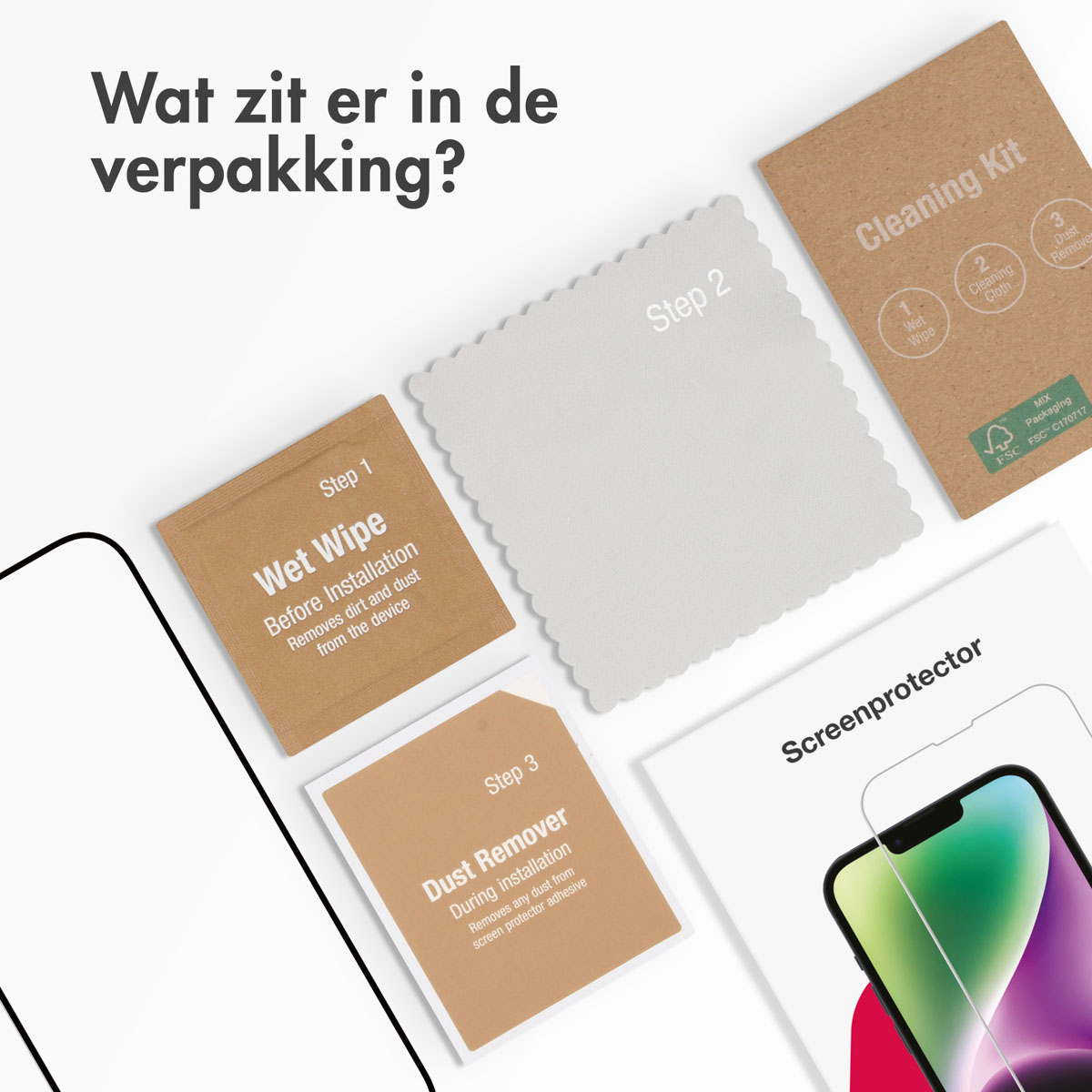 Inhoud van de schermbeschermerkit: vochtig doekje, schoonmaakdoekje, stofverwijderaar en schermbeschermer.