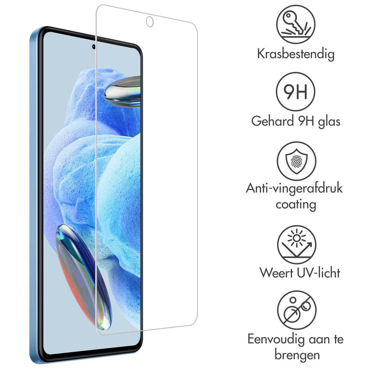 Telefoon en screenprotector. Pictogrammen voor kras, 9H glas, anti-vingerafdruk, UV-licht, gemakkelijk aanbrengen.