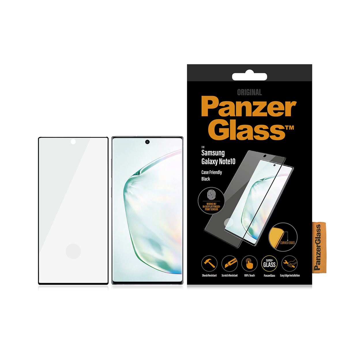 Protezione schermo Samsung Galaxy Note10 e telefono con una scatola PanzerGlass sullo sfondo.