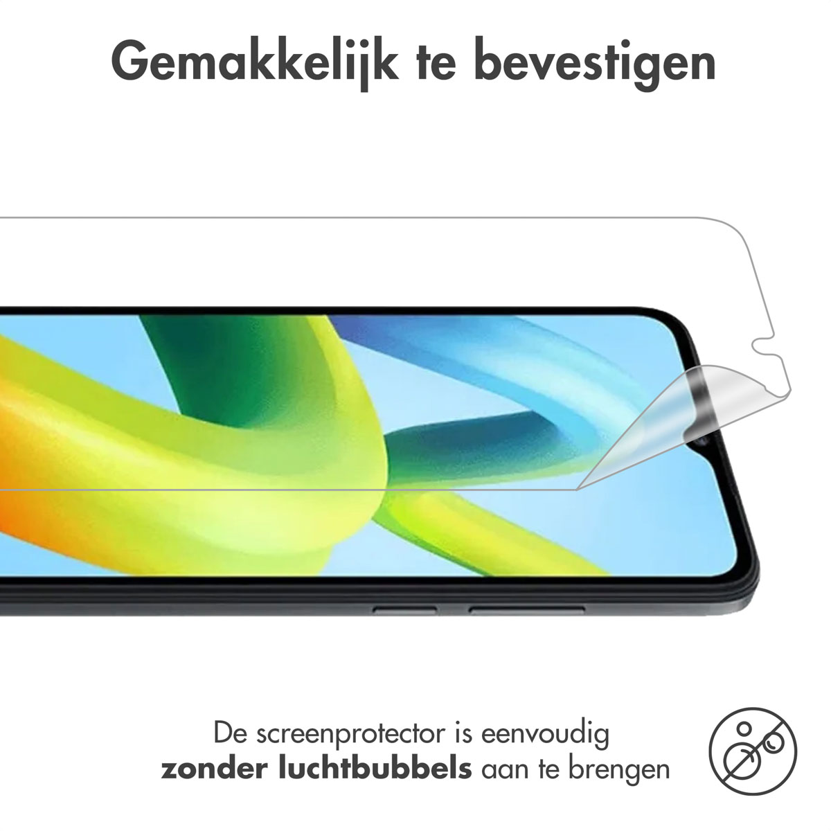 Phone with a screen protector being applied. The protector is being peeled and applied.
