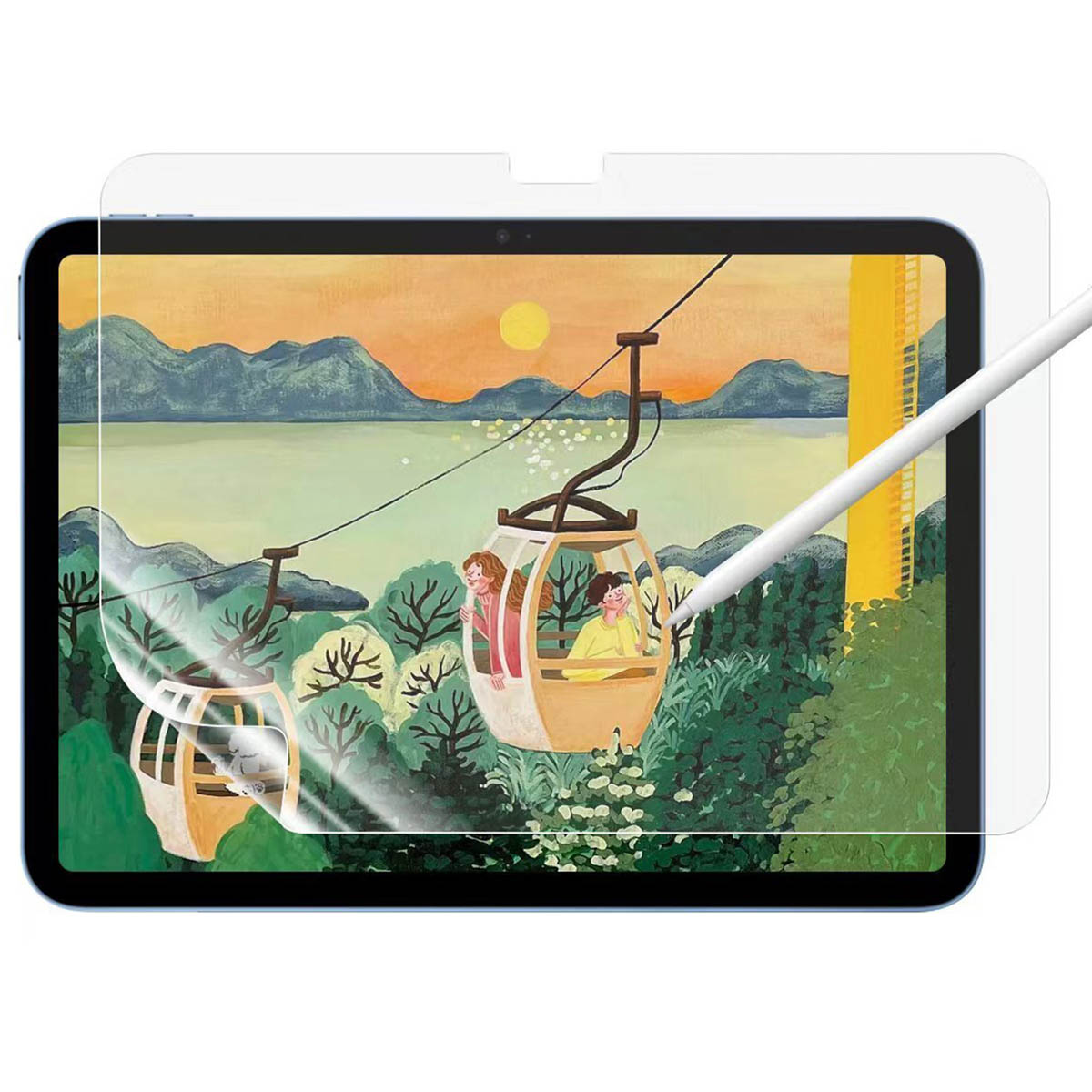 Un tablet con protezione schermo mostra una scena di funivia. Due cabine trasportano persone sopra alberi e acqua, sotto un sole giallo.