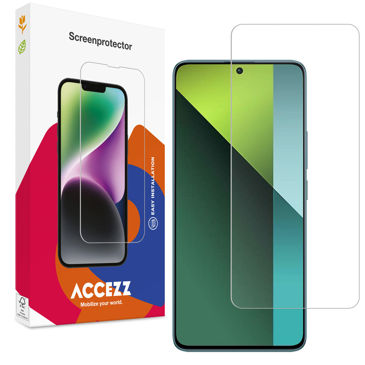 Schermbeschermer verpakking en scherm op een smartphone, weergegeven in een doos.