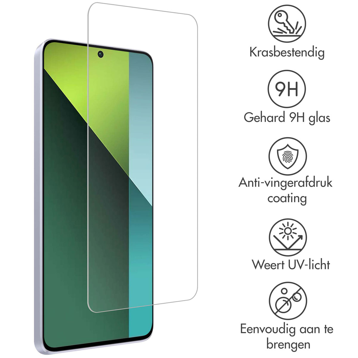 Telefoon met screenprotector. Pictogrammen voor kras, 9H glas, anti-vingerafdruk, UV-licht, gemakkelijk aanbrengen.