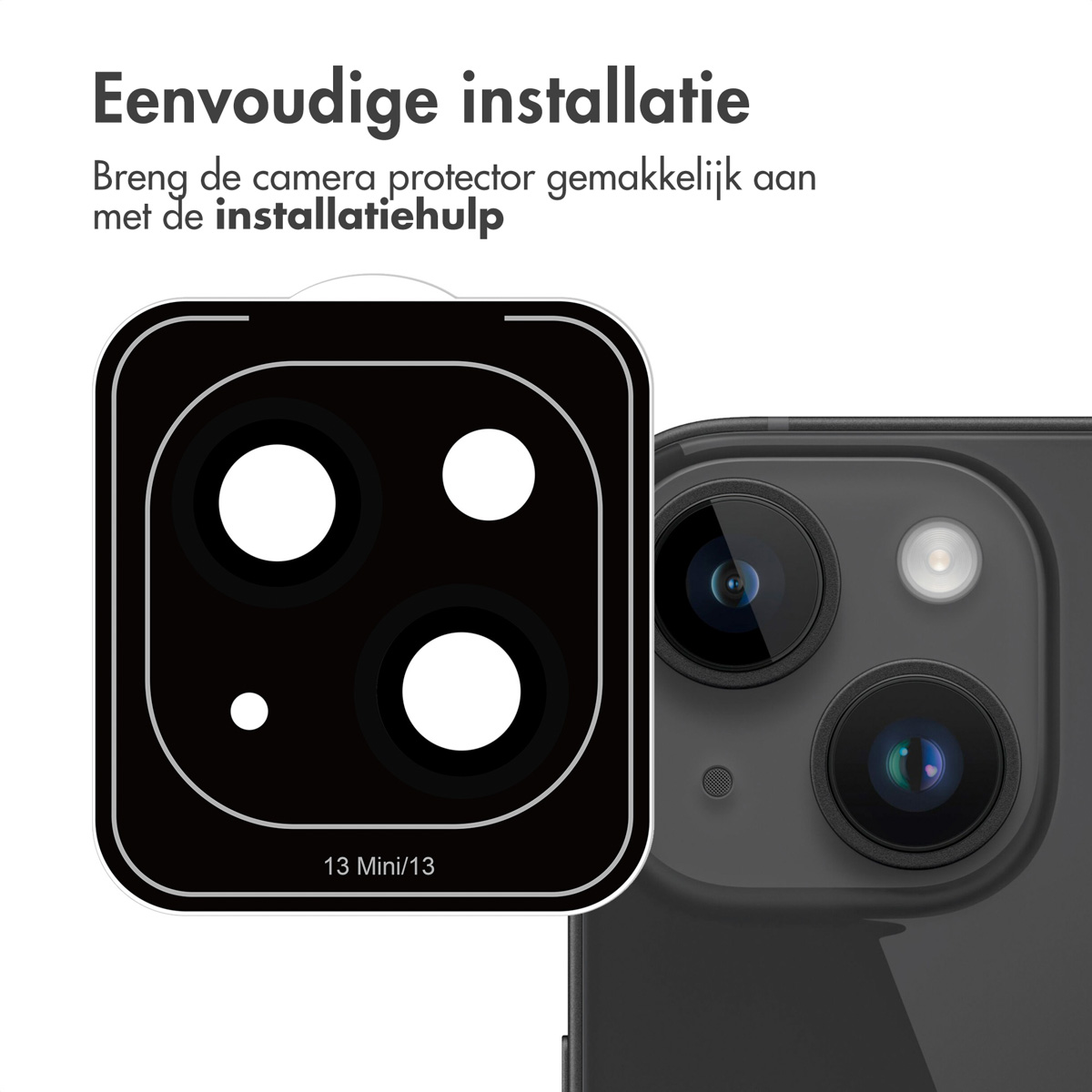Een zwarte cameraprotector voor de 13 Mini/13 ligt naast een smartphone.