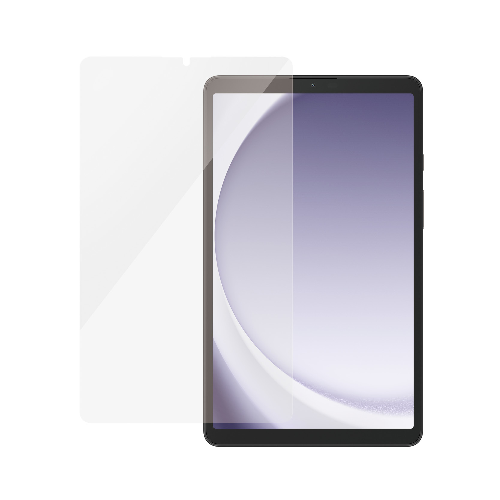 Tablet met schermbeschermer. Het scherm is zichtbaar en verlicht.
