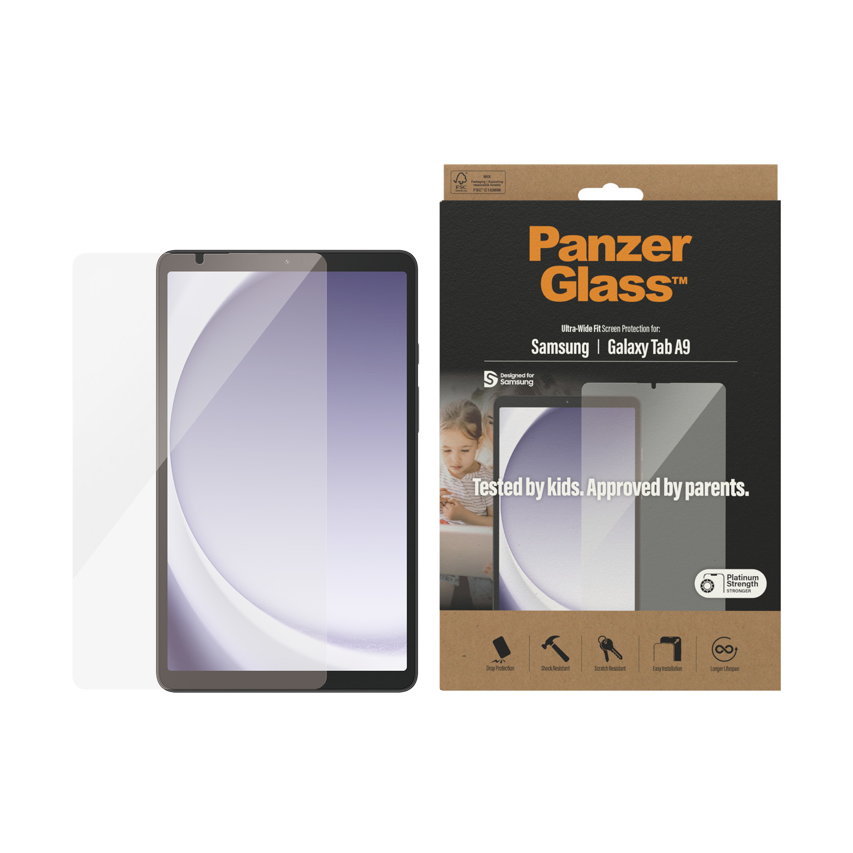 Verpakking van een schermbeschermer met een tablet en de beschermer, die de productkenmerken en het merk toont.