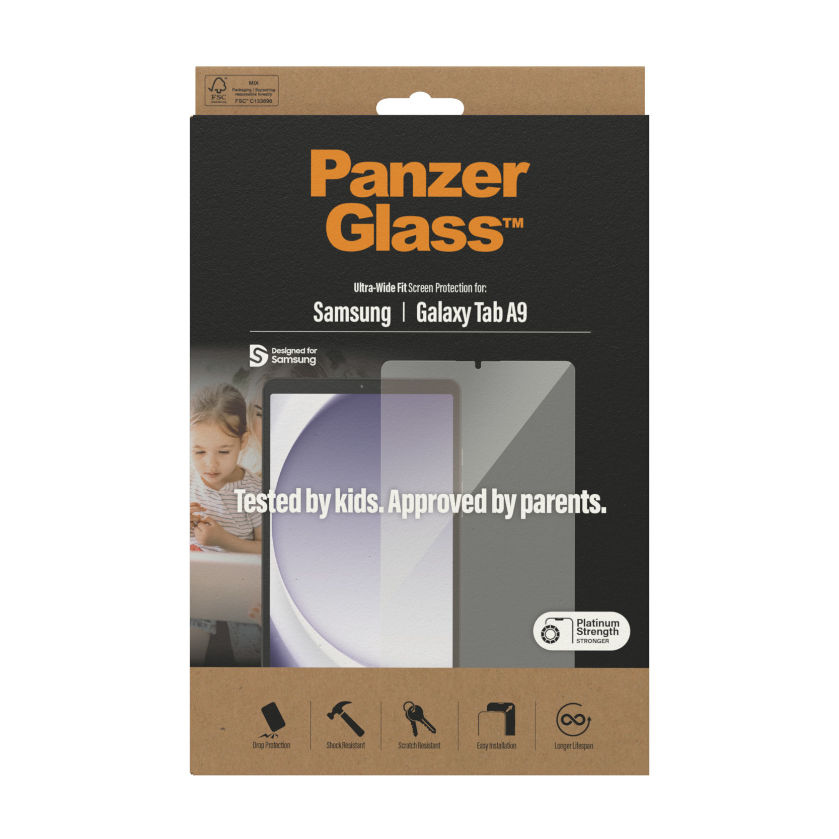 Verpakking van een Panzer Glass schermbeschermer voor Samsung Galaxy Tab A9. De doos toont een meisje.